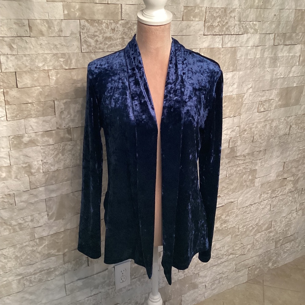 David Dart Blue Crushed Velvet Open-Front Cardigan